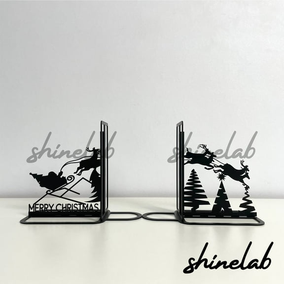 Shinelab Santa ReindeerMetal Bookends Decor Christmas Personalized Name Bookend Gift, Desk Bookshelf Decor 6476