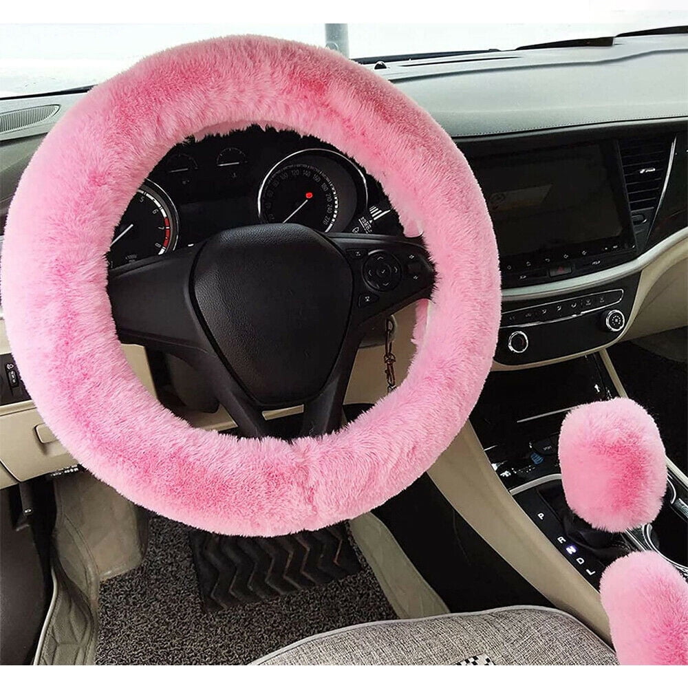 Winter Warm Fluffy Furry Fuzzy Car Steering Wheel Cover,Universal Fit Thickening Faux Rabbit Fur Plush Steering Covers+Gear Shift Cover and+Brake cover-3pcs Set Black 