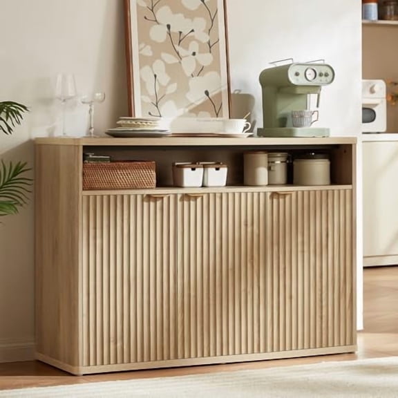 Fluted Buffet Cabinet with Storage, 45" Wide Wood Sideboard Credenza with 3 Doors & Open Storage Shelf, Modern Kitchen Console Accent Cabinets, Coffee Bar Table for Dining Room, Natural Oak