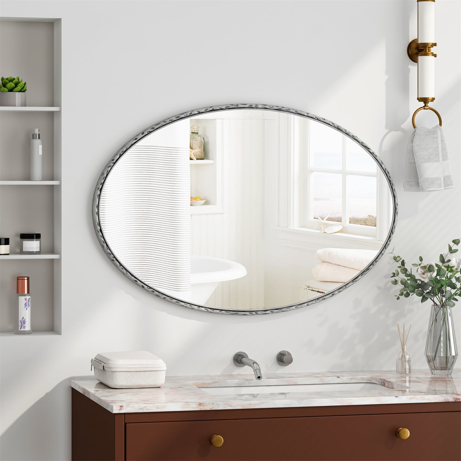Hommoo 25.6"x39.37" Oval Bathroom Mirror, Wall Mounted Vanity Mirror for Wall, Silver