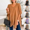 thumbnail image 2 of comerut Women Fall Winter Sweater Irregular Hem Solid Color Loose V Neck Pullover Soft Knitted Thick Warm Cape Style Lady Sweater, 2 of 8