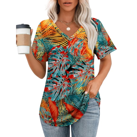 Camiseta OFEEFAN con cuello en V para mujer, verano, floral, hoja, 4XL