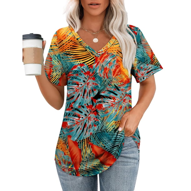 Camiseta OFEEFAN con cuello en V para mujer con estampado floral de hojas de verano