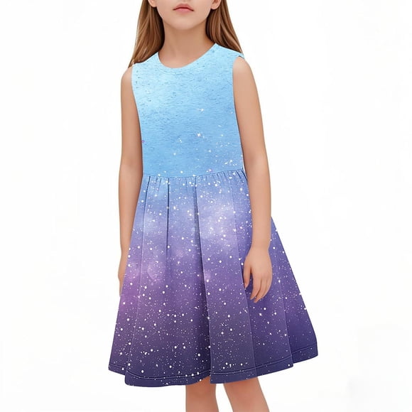Summer Saving Clearance! WRKEKC Girls Summer Dress, Girls Casual Dress, Girls' Summer Sequin Print Sleeveless Round Neck Dress Mid Size Children's Waist Cinched Children's Dress 9 Years