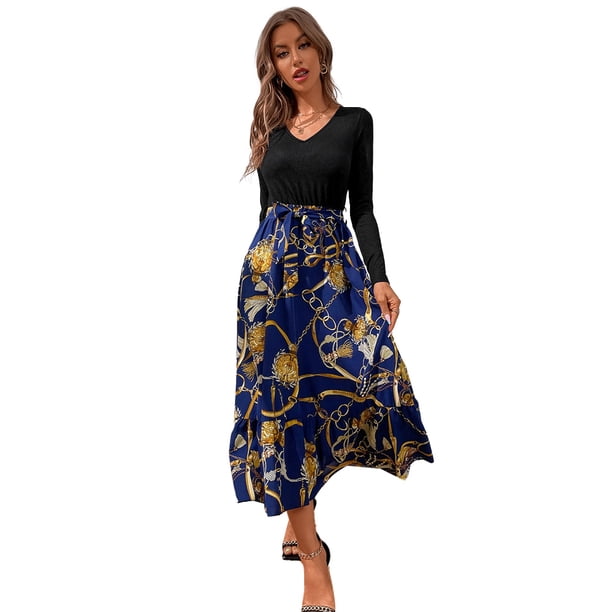 Vestido maxi largo y liso de manga larga para mujer, vestido informal con cuello en V estampado y empalme