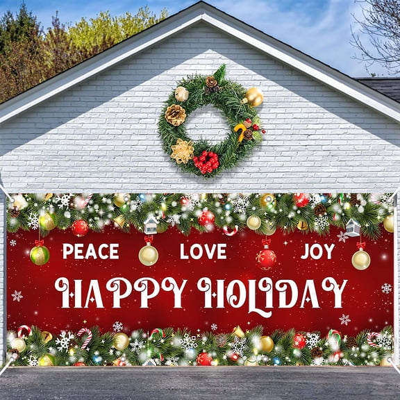 16x7ft Merry Christmas Garage Door Cover Peace Love Joy Banner for Holiday Family Celebrations & New Year Decorations