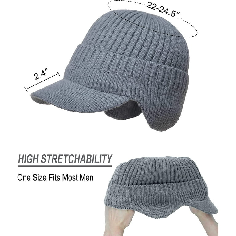Men's Winter Visor Hat Beanie Hat with Earflaps Knitted Baseball