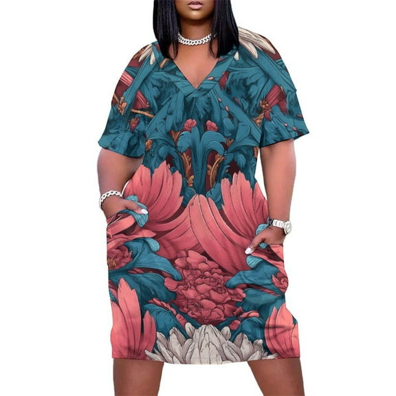 Intricate Floral Pattern Vibrant Colors Symmetrical Design Women's Loose Short Sleeve Dress Casual Summer Plus Size Long Dresses with Pockets