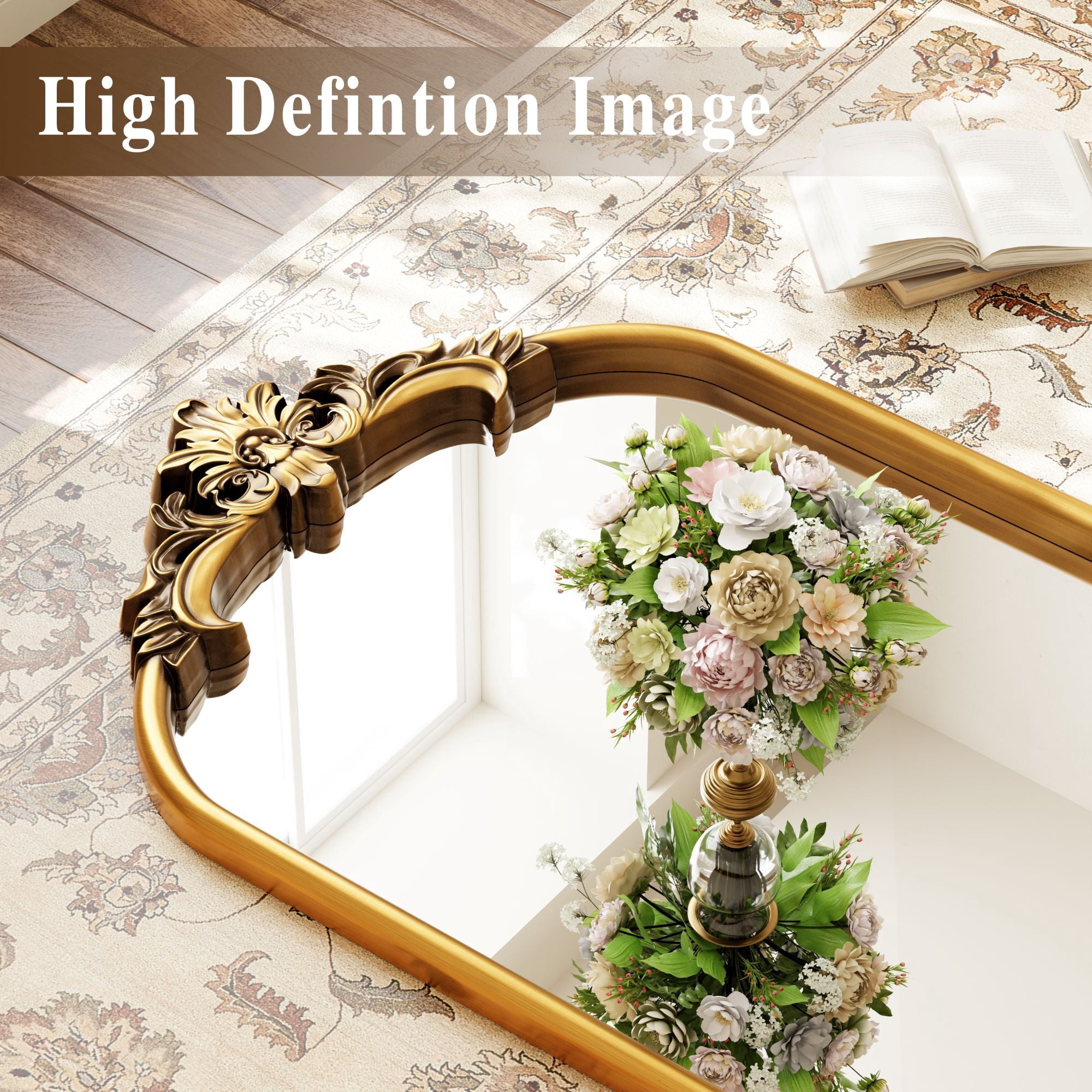 Easy4Home 69"x28" Arched Full-Length Floor Mirror Smooth Arch Top Floral Crest Standing Mirror, Bright Gold