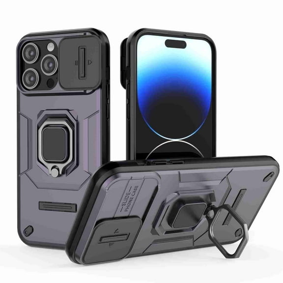 Dteck for Apple iPhone 15 Pro Max with Slide Lens Cover, Military Grade Shockproof Heavy Duty Hybrid Rugged Protective Case with Magnetic Ring Kickstand Case, navyblue