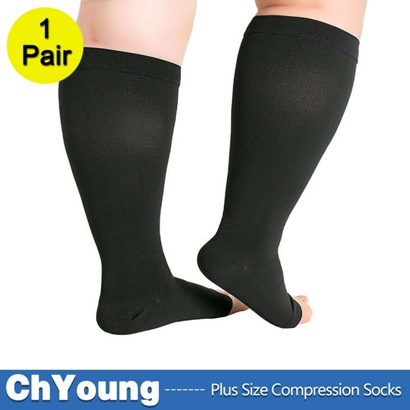 1Pack S Toeless Compression Socks Unisex Extra Wide Calf Open Toe Support Circulation 20-30 mmHg Knee High for Fatigue Pain Leg Swelling Soothing Comfy Gradient Support Prevents Edema Black