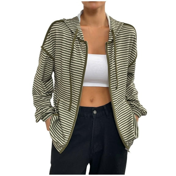 Hvyesh Women's Striped Zip Up Hoodie Long Sleeve Oversized Sweatshirt Casual 90S Y2K Streetwear Jacket Coat Vintage Preppy Shirt Outfits with Pocket