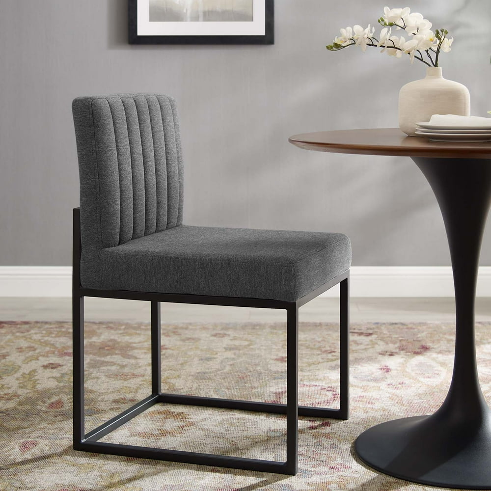 Modway Carriage Channel Tufted Sled Base Upholstered Fabric Dining Chair in Black Charcoal 