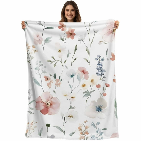 Pastel Watercolor Floral Throw Blankets, Rustic Spring Soft Fleece Blanket Decorative for Home Sofa Couch Chair Living Bedroom, 60x80 inches,