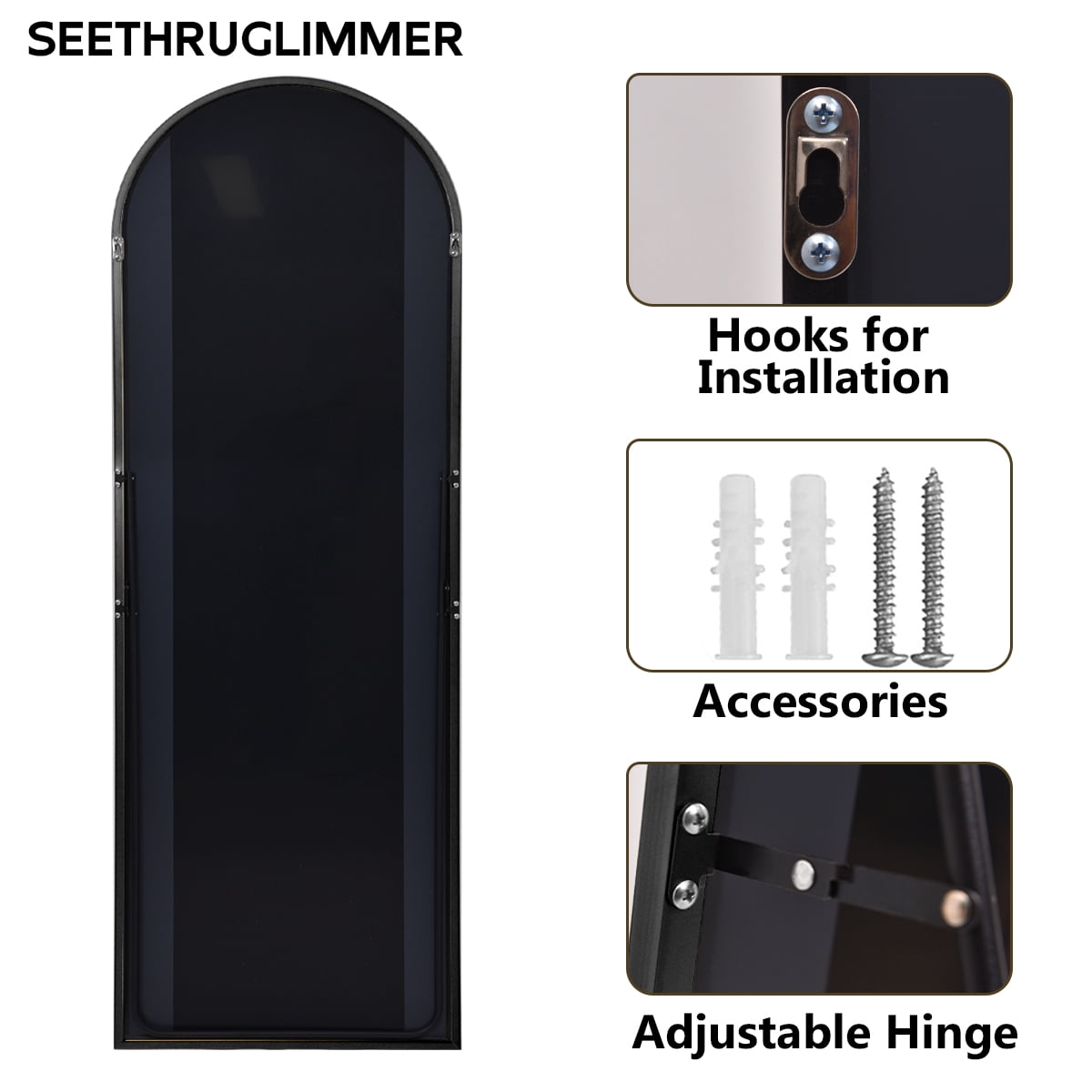 SEETHRUGLIMMER 64.3"x21" Arch Full Length Mirror Floor Mirror with Stand Free Standing, Black