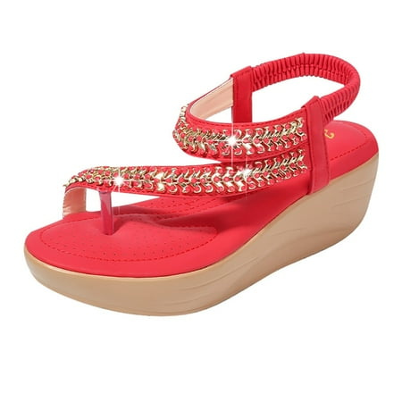 

LIANGP Women s Sandals Bohemia Women Ladies Crystal Wedges Sandals Beach Flops Flip Casual Shoes Women s Shoes Red Size 6.5