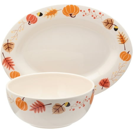 Leaf Round Serving Plate * Clearance * Mainstays Ironstone Leaf Pumpkin Platter and Serving Bowl 2-Piece Box ()