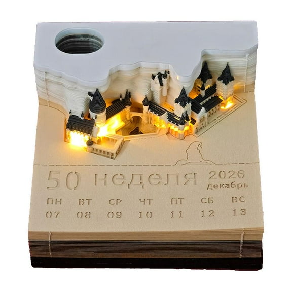 2026 3D Castle Desk Calendar With LED Lights, Paper Carving Time Piece Calendar Notepad, Tear-Away Notepad, DIY Paper Carving Art Craft for School/Home/Office