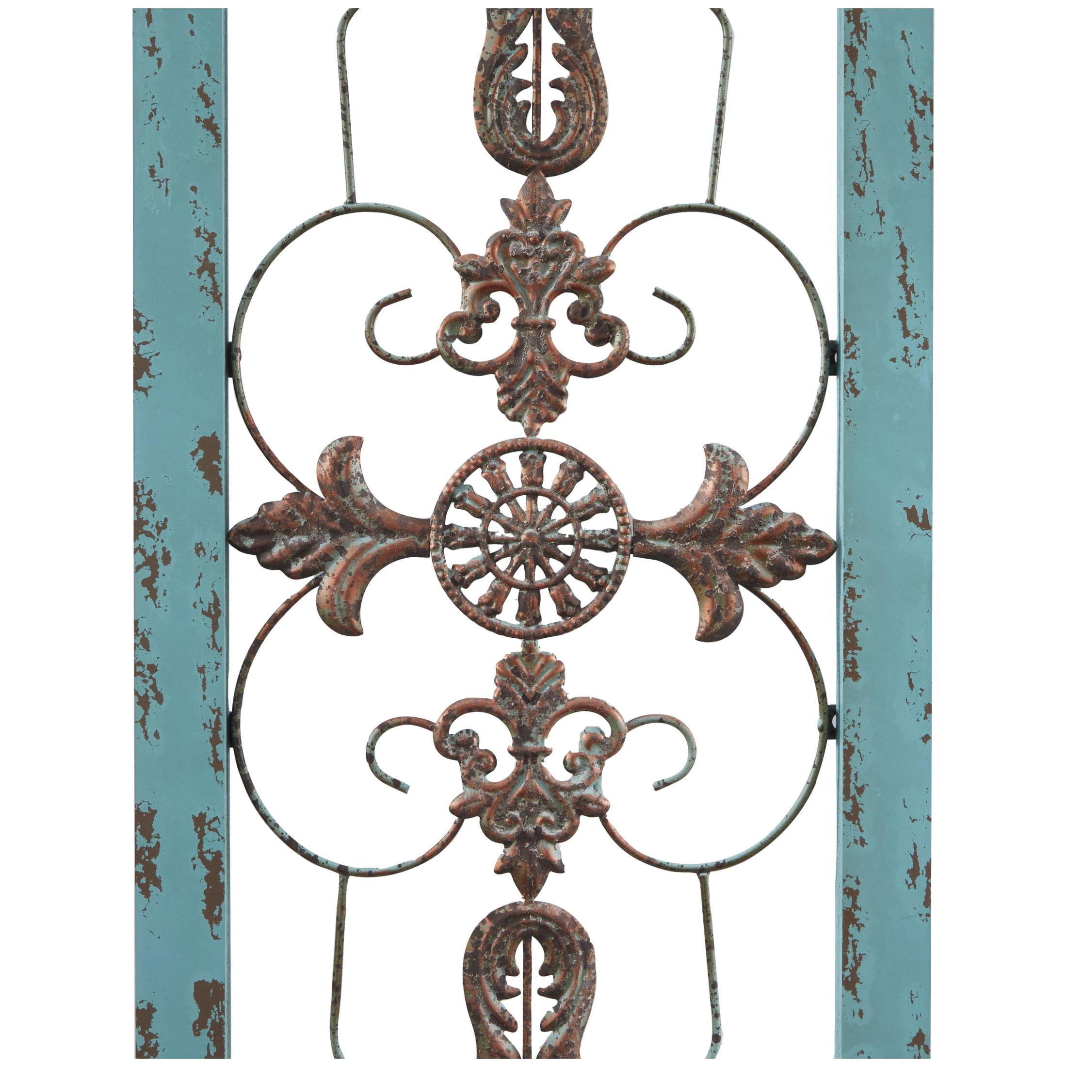 DecMode Teal Wood Arabesque Scroll Wall Decor with Metal Fleur De Lis Relief
