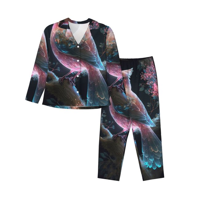 Balery Bird 3 Conjunto de Pijama con Estampado para Mujer, Conjunto de Dos Piezas con Manga Larga, Ropa de Dormir Suave con Bolsillos, Pijamas Cómodos-Medium