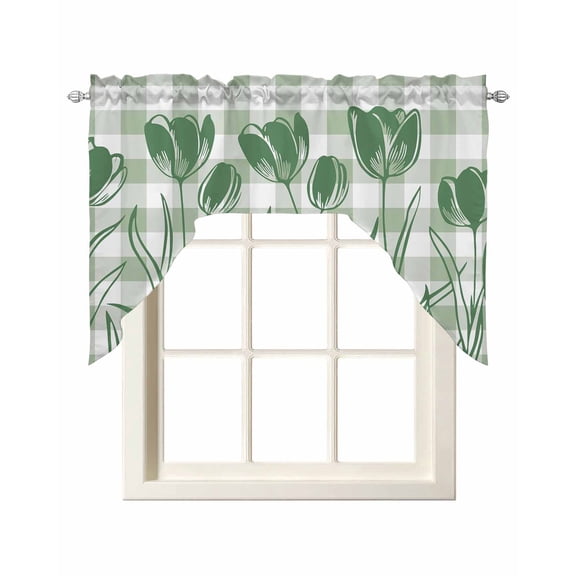 Swag Curtain Valances Green Tulip Flowers Swag Valances for Kitchen Windows Floral Buffalo Plaid Window Treatment Curtains Drapes for Kitchen Bedroom Living Room Bathroom Over Sink 56"x36"