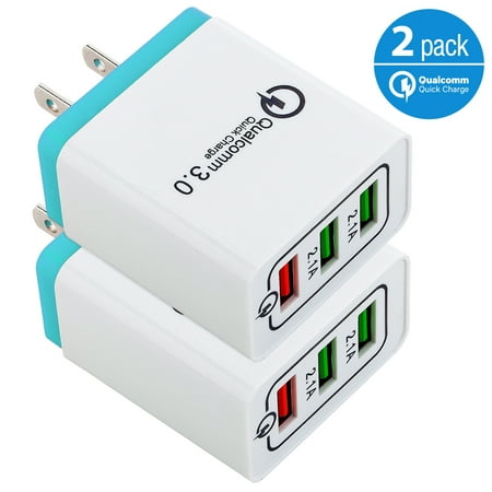 2-Pack USB Wall Charger, AFFLUX 7.2A 3-Port Fast Charging USB Wall Charger Universal Power Adapter Qualcomm 3.0 Quick Charge For Cell Phone, Samsung Note 8 9, Galaxy S8, S9, S9+ iPhone 7 8 X XR Xs Max