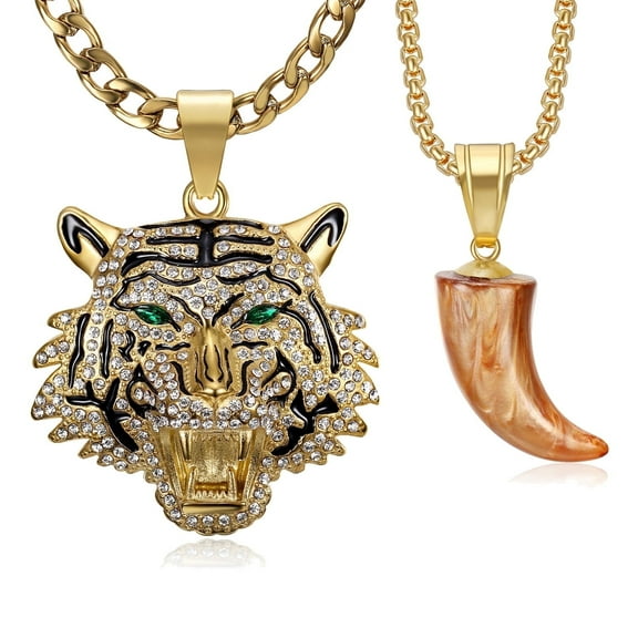 NEGS 18K Gold Plated Tiger Head Tooth Pendants Rock Layered Stainless Steel Necklace, 2 pcs 24'' 20'' Chains for Men Women Hip Hop Gift