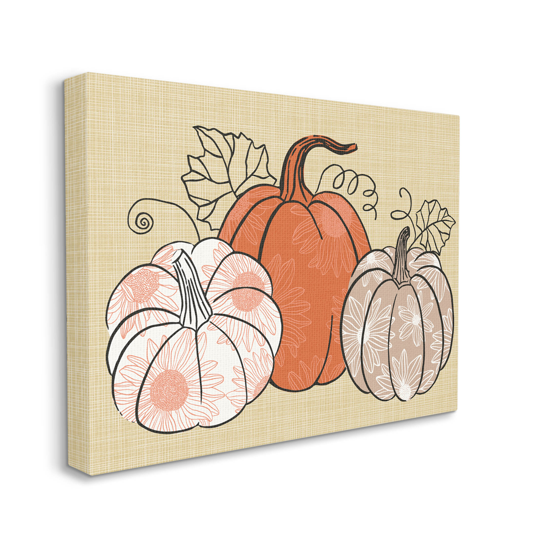 Autumnal Pumpkins Sunflower Pattern Holiday Graphic Art Gallery Wrapped Canvas Print Wall Art