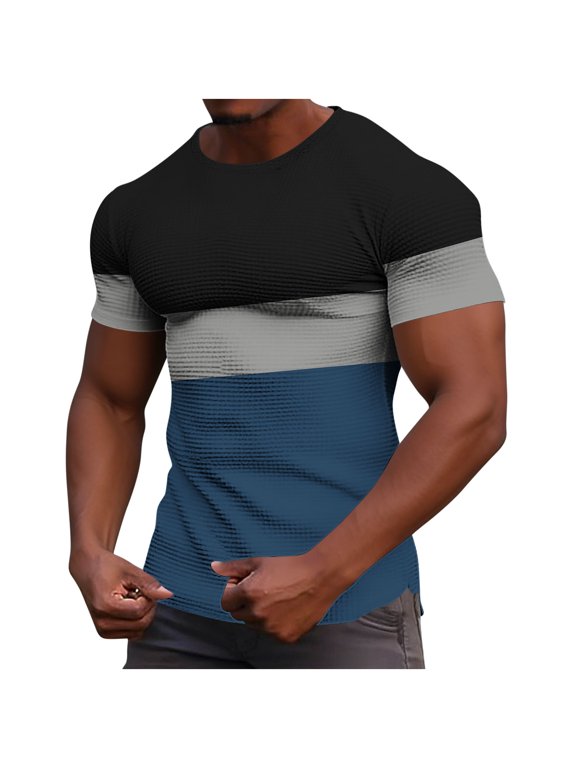 Men Summer Waffle Knit Crew Neck Short Sleeve T-Shirt All-Day Comfort Elastic Loose Fit Casual Homewear Printed Tops Navy M