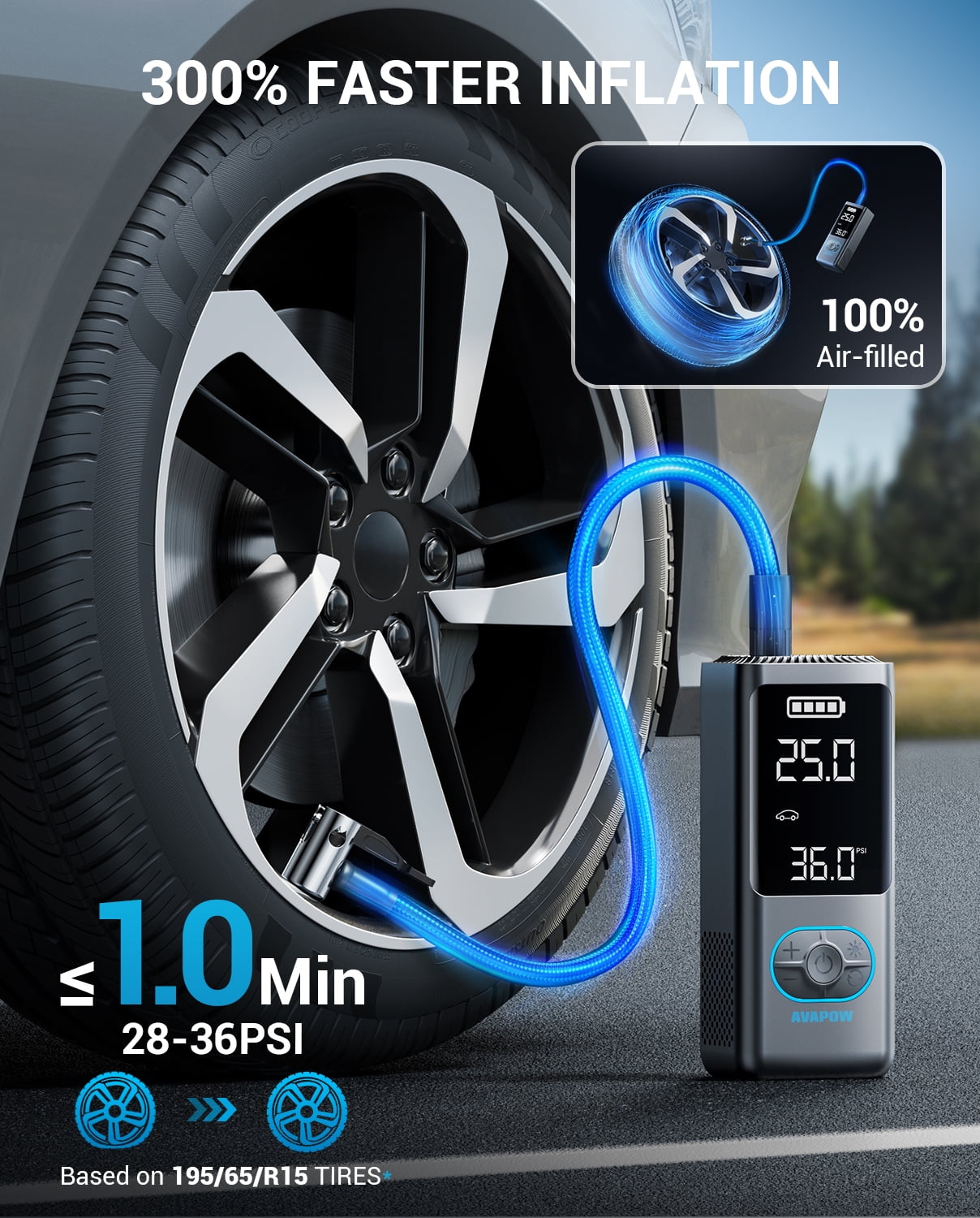 AVAPOW Cordless Tire Inflator Portable Air Compressor, Air Pump with Auto Shutoff, LED Light and Digital Pressure Gauge, 150PSI, 8000mAh Long Range Battery, Electric Pump for Car/Bike/Motorcycle/Ball