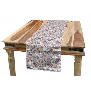 Doodle Table Runner, Retros of Sixties Peace Magic Mushroom Love Stars and Hearts Hippie Music, Dining Room Kitchen Rectangular Runner, 3 Sizes, by Ambesonne