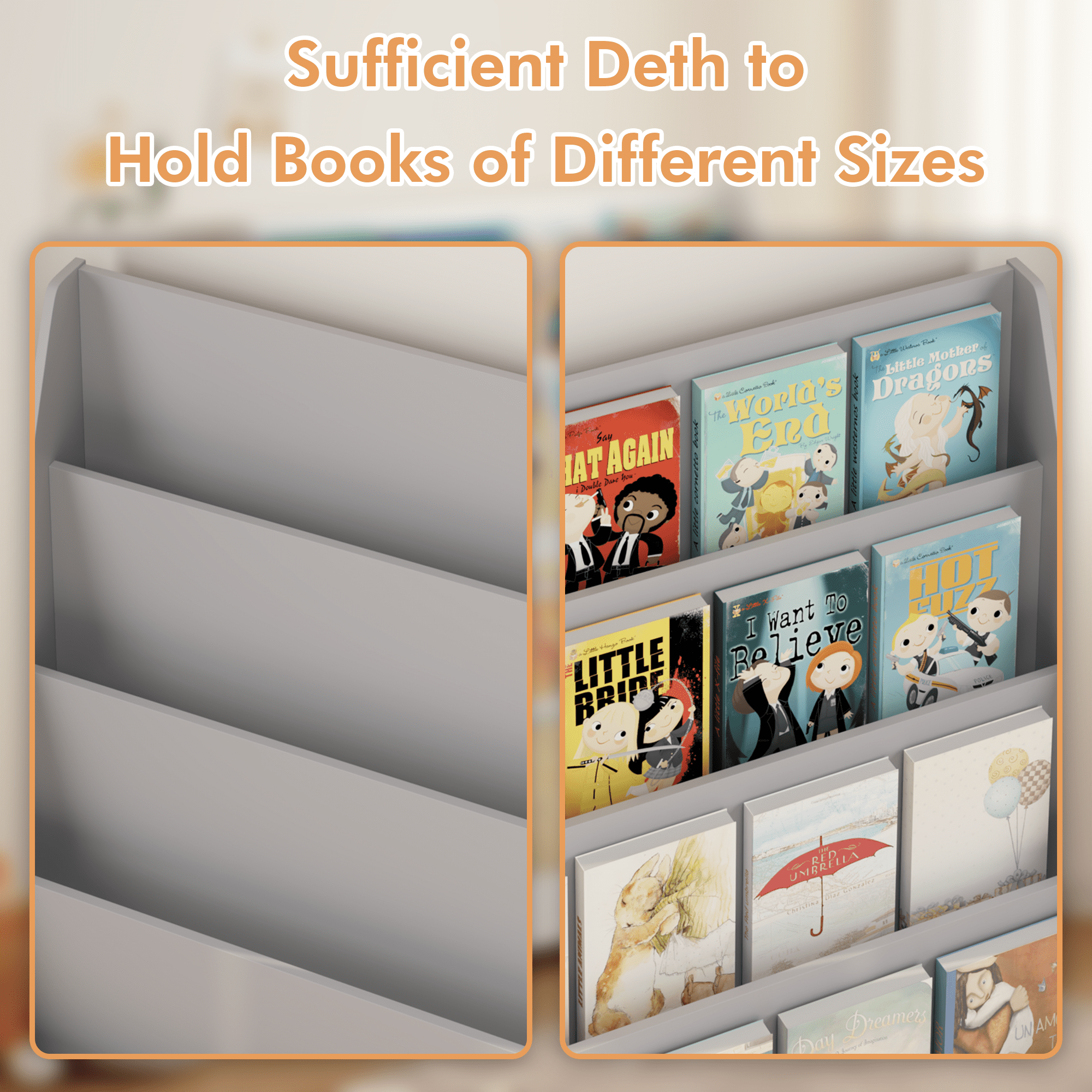4-Tier Kids Bookshelf, Toddler Book Display Shelves, Helps Keep Bedrooms, Playrooms, and Classrooms Organized, MDF, Gray