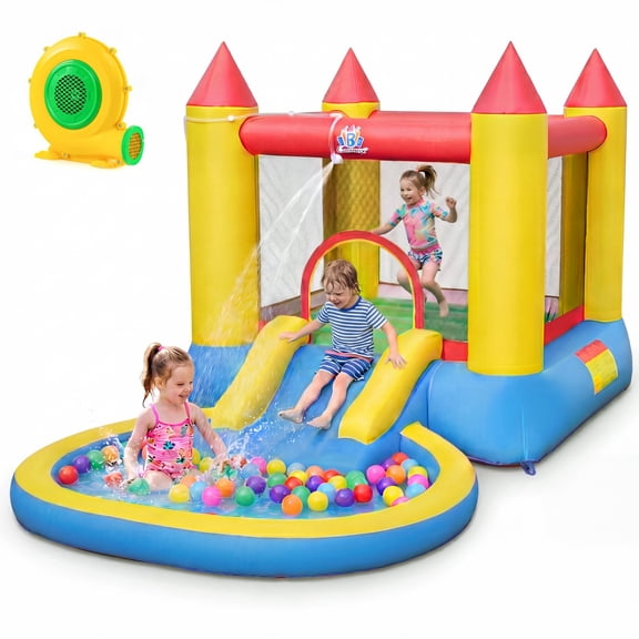 Costway Inflatable Bounce House with Splash Pool, Water Slide and Bouncy Area for Kids with 370W blower