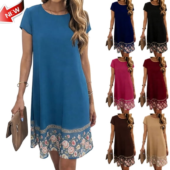 Taqqpue Women Summer Dress Casual Solid Color Scoop Neck Short Sleeve Sundress Flowy Swing Lace Plus Size Dress Beach Vacation Maxi Dress for Women