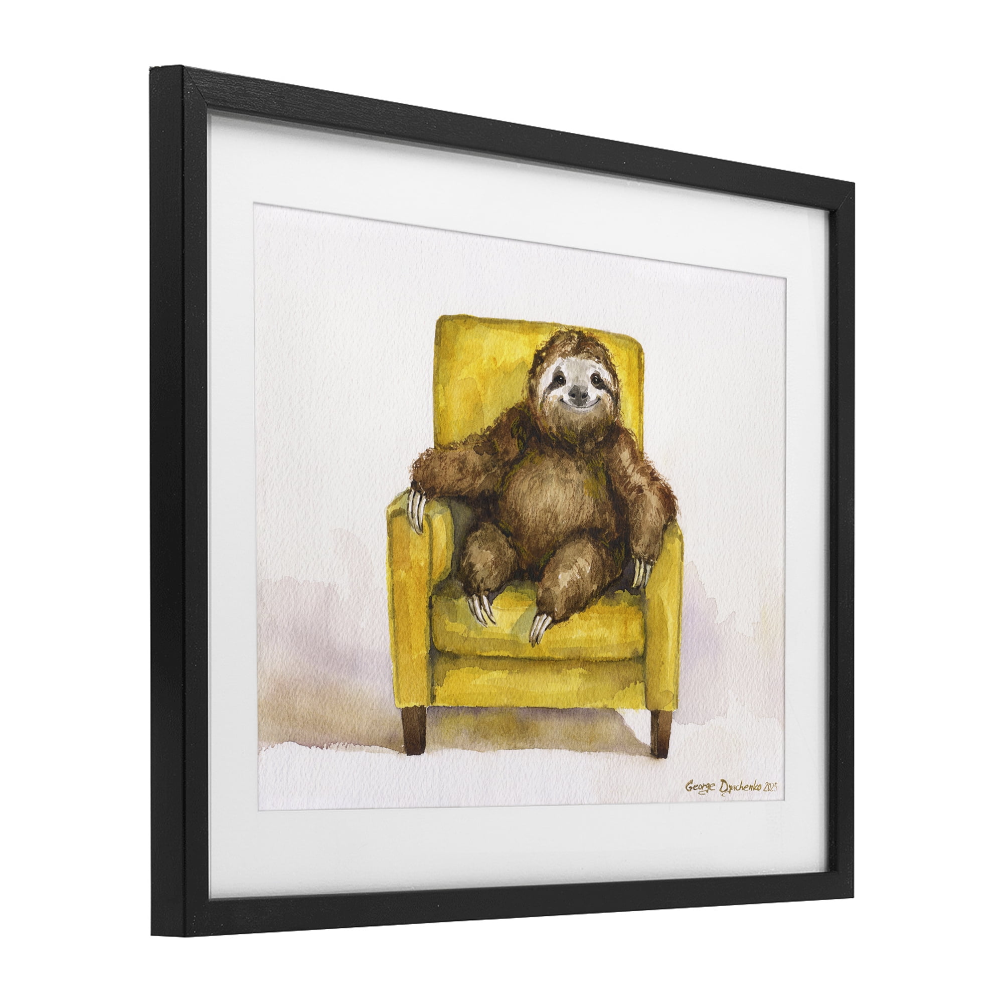 Stupell Industries Happy Sloth Relaxing on Armchair Black Framed Print Under Glass, design by George Dyachenko