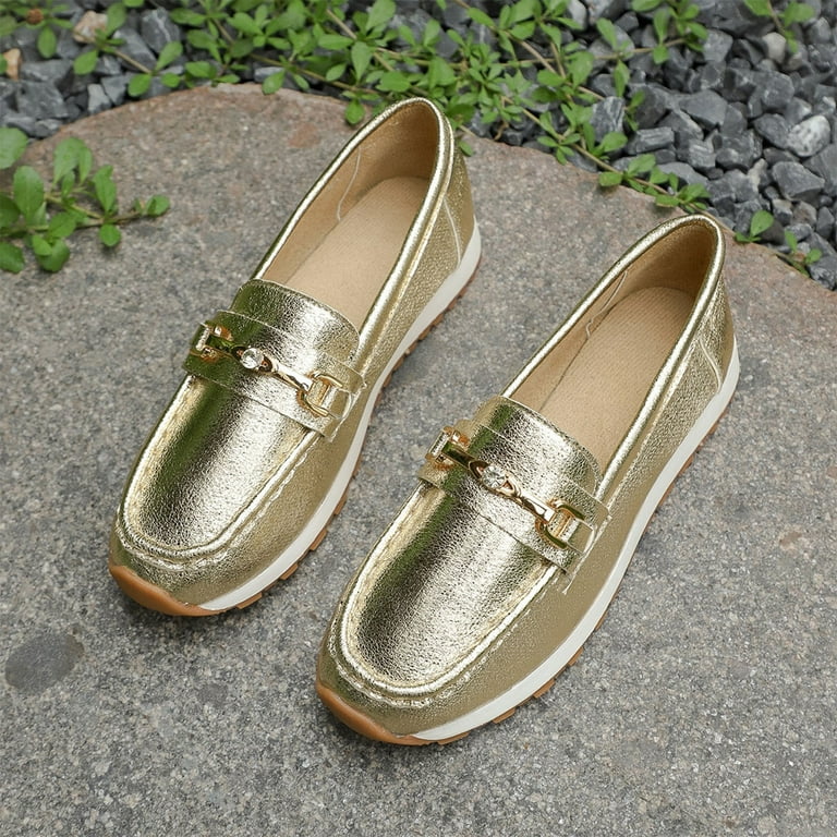 Ruiyanqi Women's Metallic Loafers Chain Accent Slip On Shoes Casual Platform Moccasins Trendy Outdoor Walking Footwear Fashion Driving Shoes Gold
