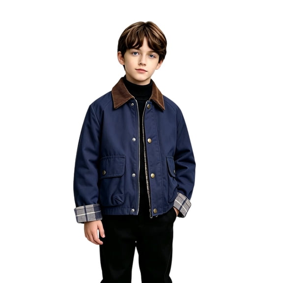 EnJoCho Boys Corduroy Collar Jacket Kids Casual Plaid Windbreaker ZipāUp Button Outerwear With Pockets Boys Girls Stylish Outdoor Outwear For 3ā10 Years