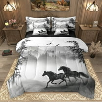 Homewish 3D Racing Horse Bedding Comforter Set 7pcs for Adult, Grey Rustic Cabin King Bedding Sets, Farmhouse Animal Reversible Bed Sheets, Luxury Bedroom Decor