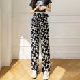 thumbnail image 1 of Pantalones anchos con pintura de tinta de seda de hielo para verano, pantalones anchos de gasa casuales de cintura alta y elásticos para mujer, 1 of 6