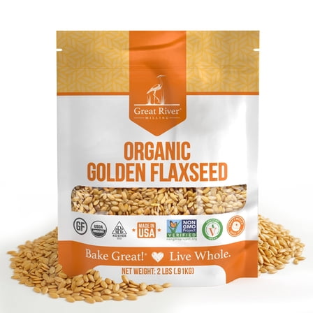 Great River Milling Golden Flaxseed  Whole Golden Flax Seeds  Naturally Gluten Free, Non-GMO, Vegan, Kosher  Flaxseed for Baking, Smoothies, Oatmeal, Cereals & Clean Plant-Based Nutrition  2 Lb