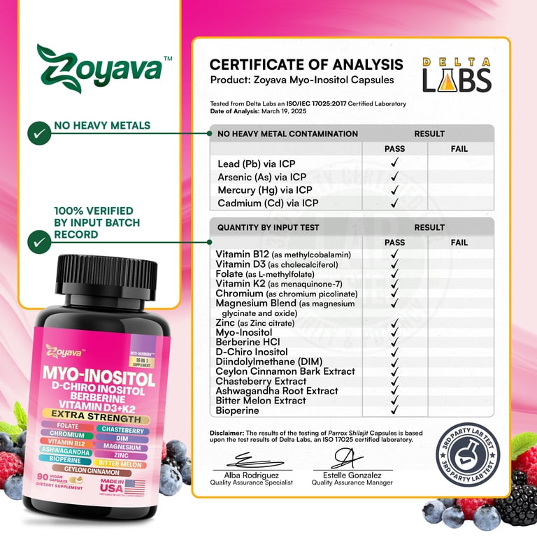 inositol berberine and l-carnitine Myo Inositol Supplement 750mg, Berberine 500mg, D-Chiro Inositol 50mg,  Folate 400mcg, Chromium 100mcg, Ceylon Cinnamon 200mg, Ashwagandha 100mg,  DIM