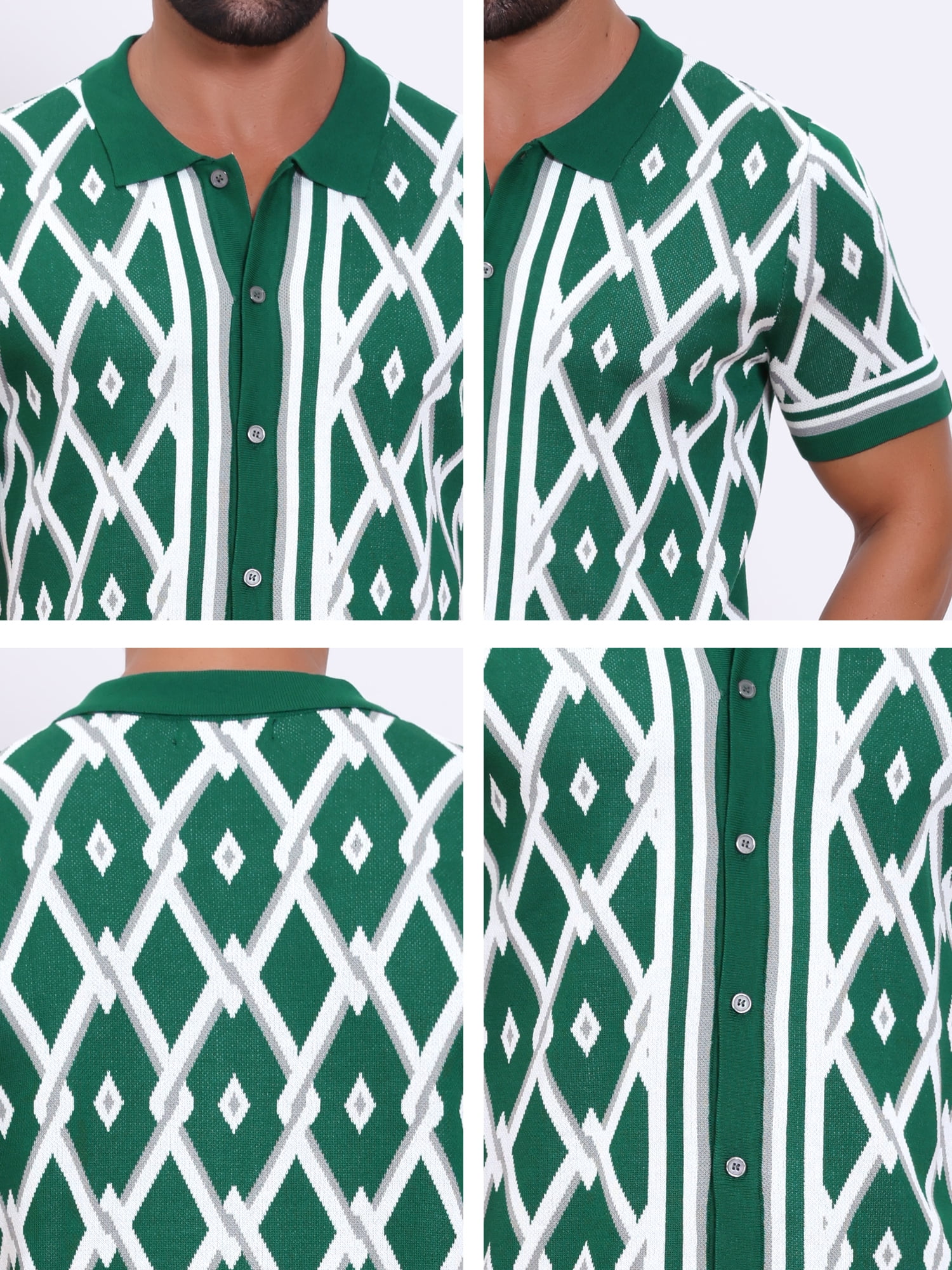 DARING DIVA Men's Short Sleeve Button Down Plaid Knitted Argyle Polo Shirt L Green