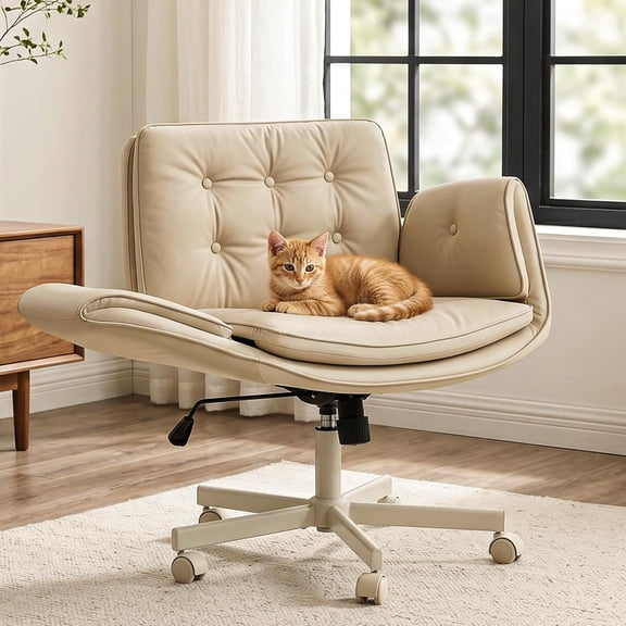 TMV Criss Cross Chair with Wheels & Armrests, Comfy Wide Vanity Chair, PU Leather Cross Legged Desk Chair, Height Adjustable Computer Office Desk Chairs for Home&Makeup&Bedroom,Cream