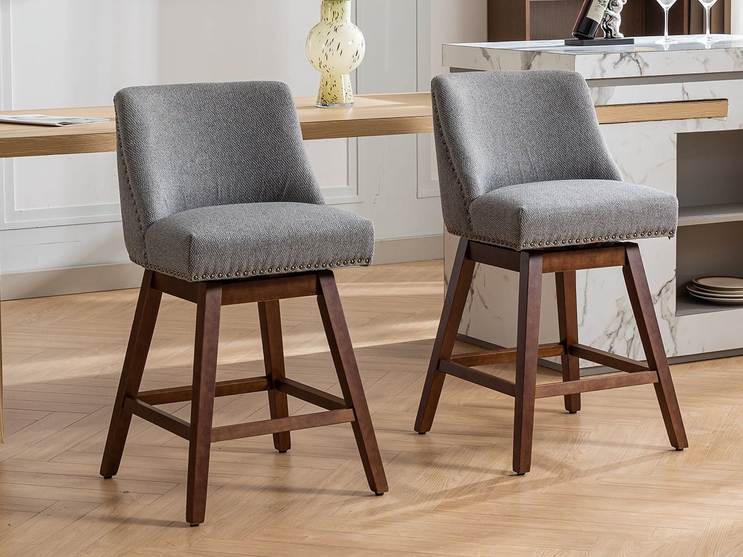 Modern Swivel Bar Stools Set of 6, Grey Counter Height Bar Stools with Back for Kitchen Island, Fabric Upholstered Island Chairs with Wood Legs, Barstool Chairs, Sillas para Barra de Cocina