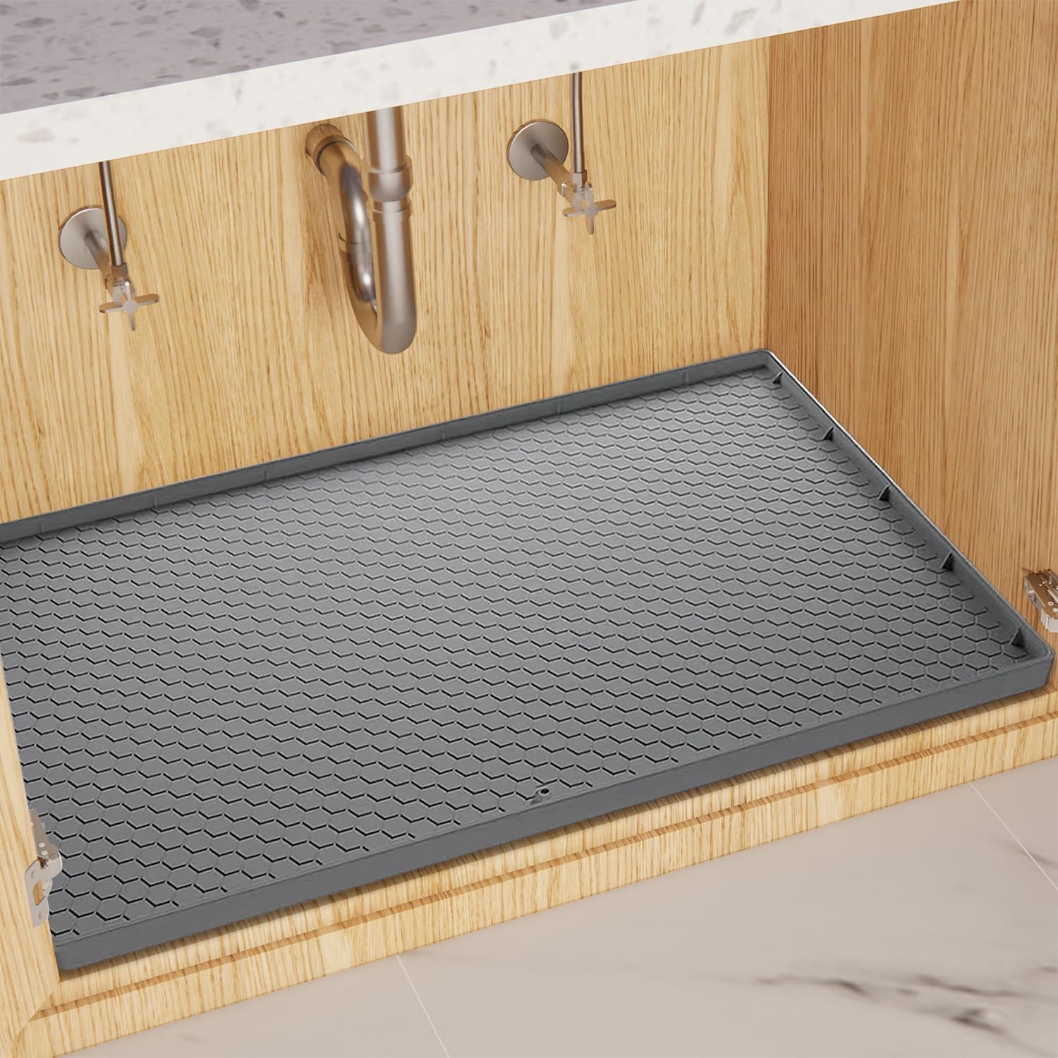 Under Sink Mat for [34" x 22"] Cabinet, Silicone Waterproof Mat, Kitchen Cabinet Liner Holds Over 2.2 Gallons, Cabinet Protector, Under Sink Tray for Drips, Leaks, Spills (Grey)