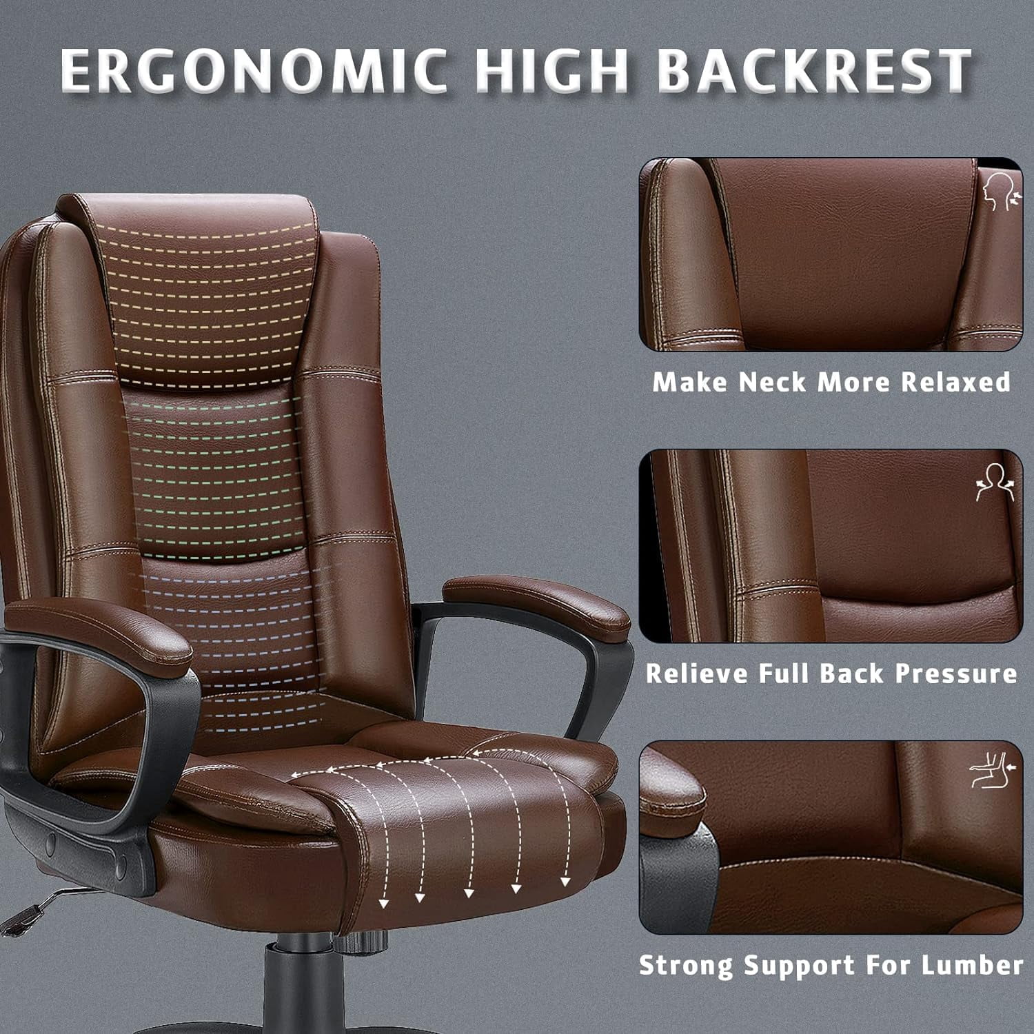 LEMBERI Office Desk Chair, Big and Tall High Back Managerial Executive Computer Chair, Ergonomic Height Adjustable PU Leather Chairs with Cushions Armrest for Long Time Sitting (Brown)
