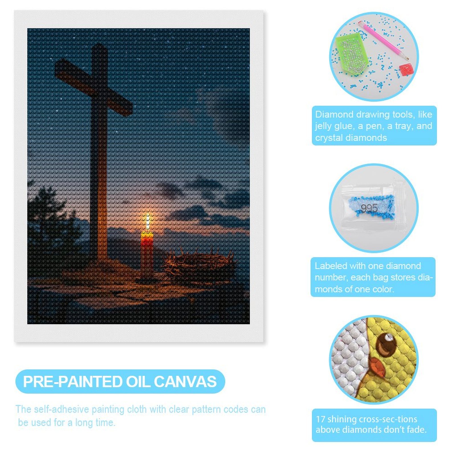Diamond Art Kits for Adults, Candle Cross Night Sky Crown 5D Diamond Painting Kits for Adults Beginners, DIY Full Drill Diamond Painting, Gem Art and Crafts 12x16