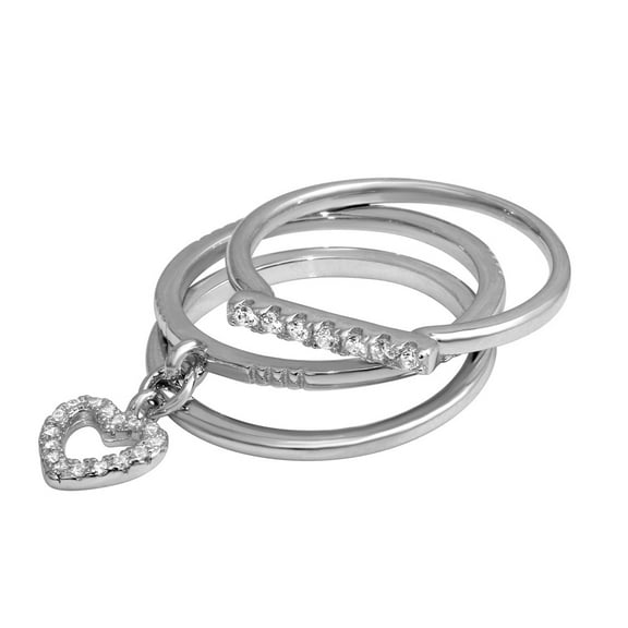Clear Cubic Zirconia Dangling Heart Tri Stackable Ring Sterling Silver Size 8