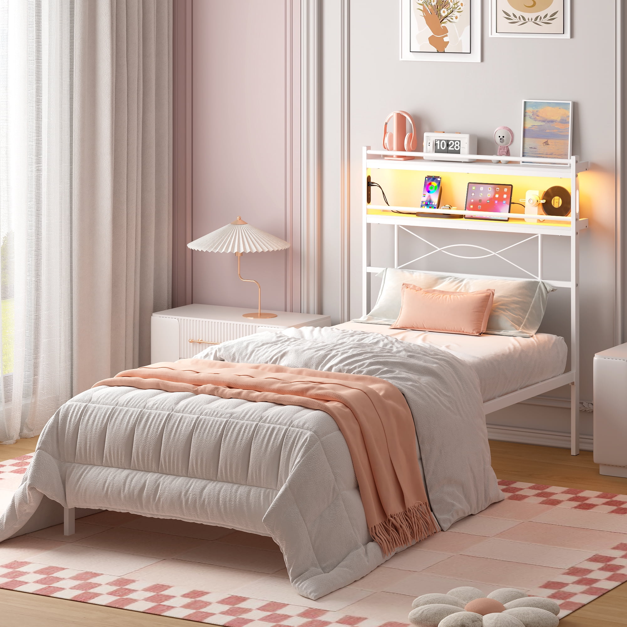 Yoneston Twin Size Power Outlet LED Light Metal Platform Bed Frame with 2-Tier Storage Headboard for Girls Kids Teens Bedroom, White