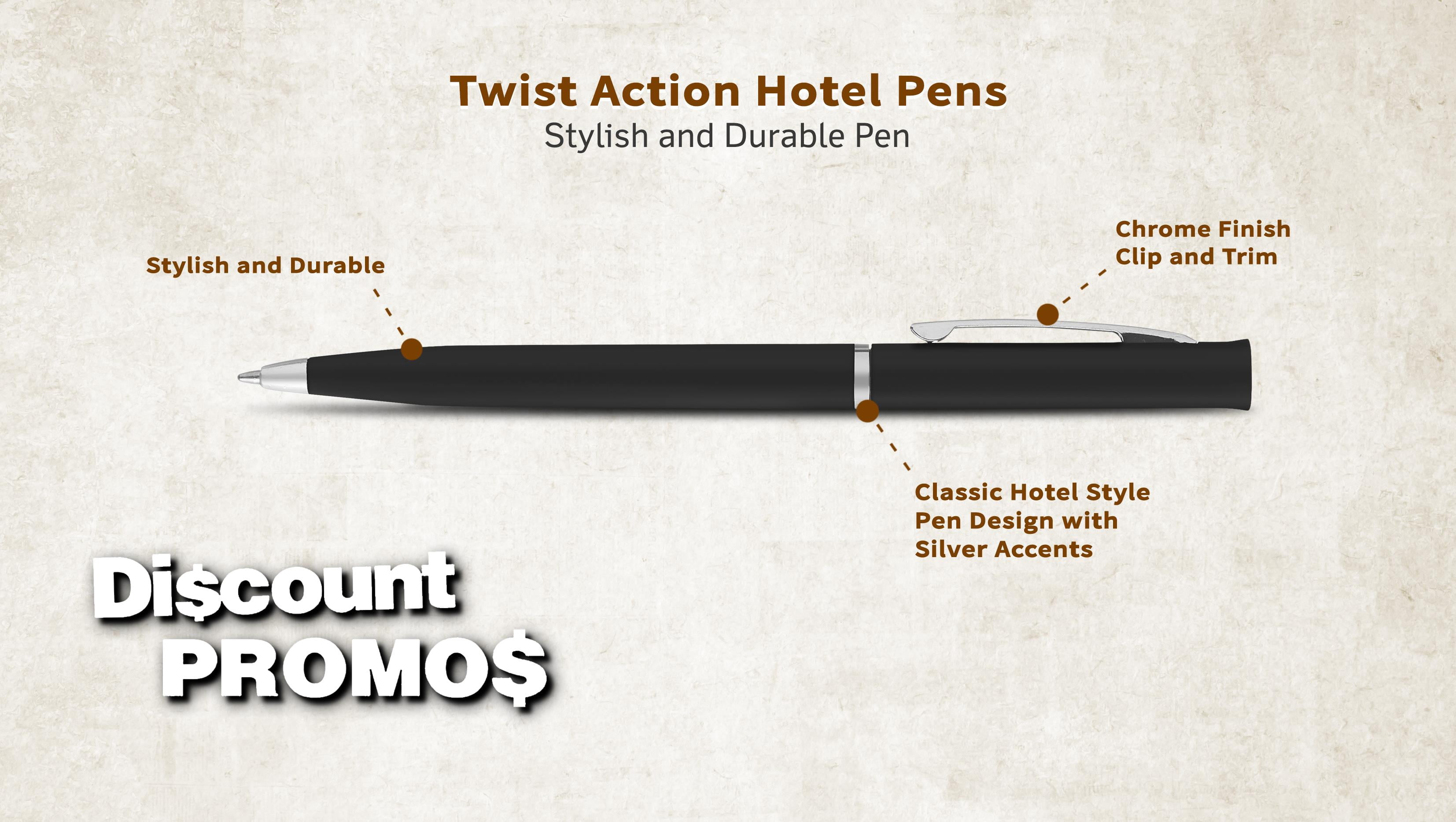 10 Twist Action Hotel Pens Pack - Plastic, Black Ink - Black
